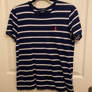 Blue and white striped Polo top. Size L